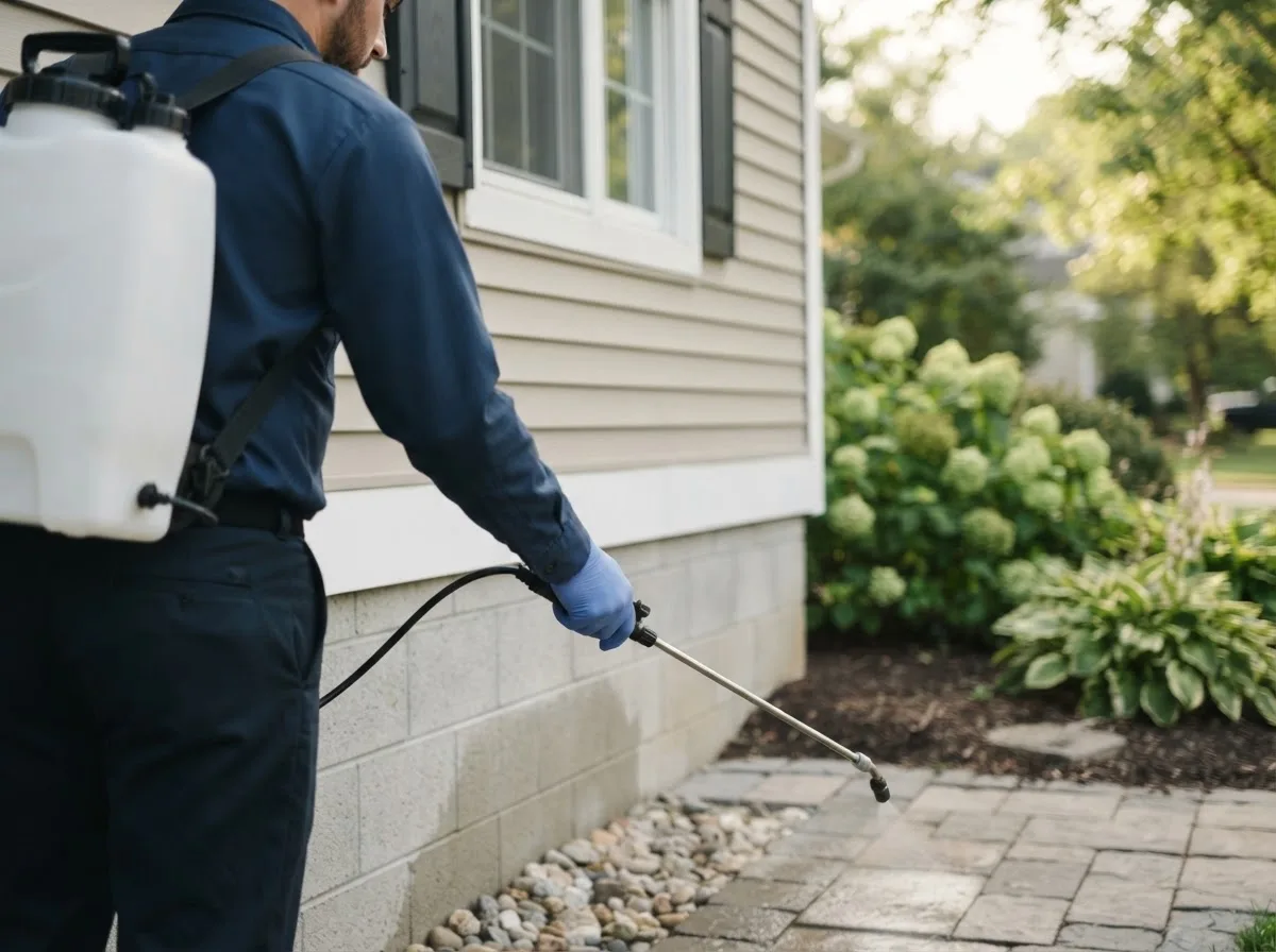Pest control technician inspecting a home in Delbarton, WV